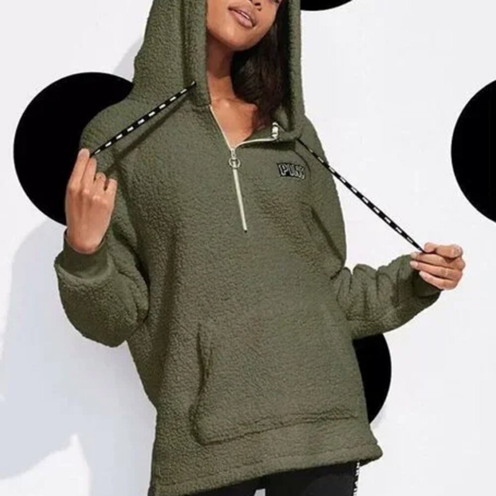 Victoria's Secret PINK Sherpa Half Zip Hoodie Jacket (Green)